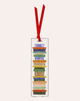 Rifle Paper Co Book Club Bookmark featuring an illustrated stack of classic books, gold foil logo and red grosgrain ribbon, stocked by Thinkers & Makers in Melbourne, Australia.