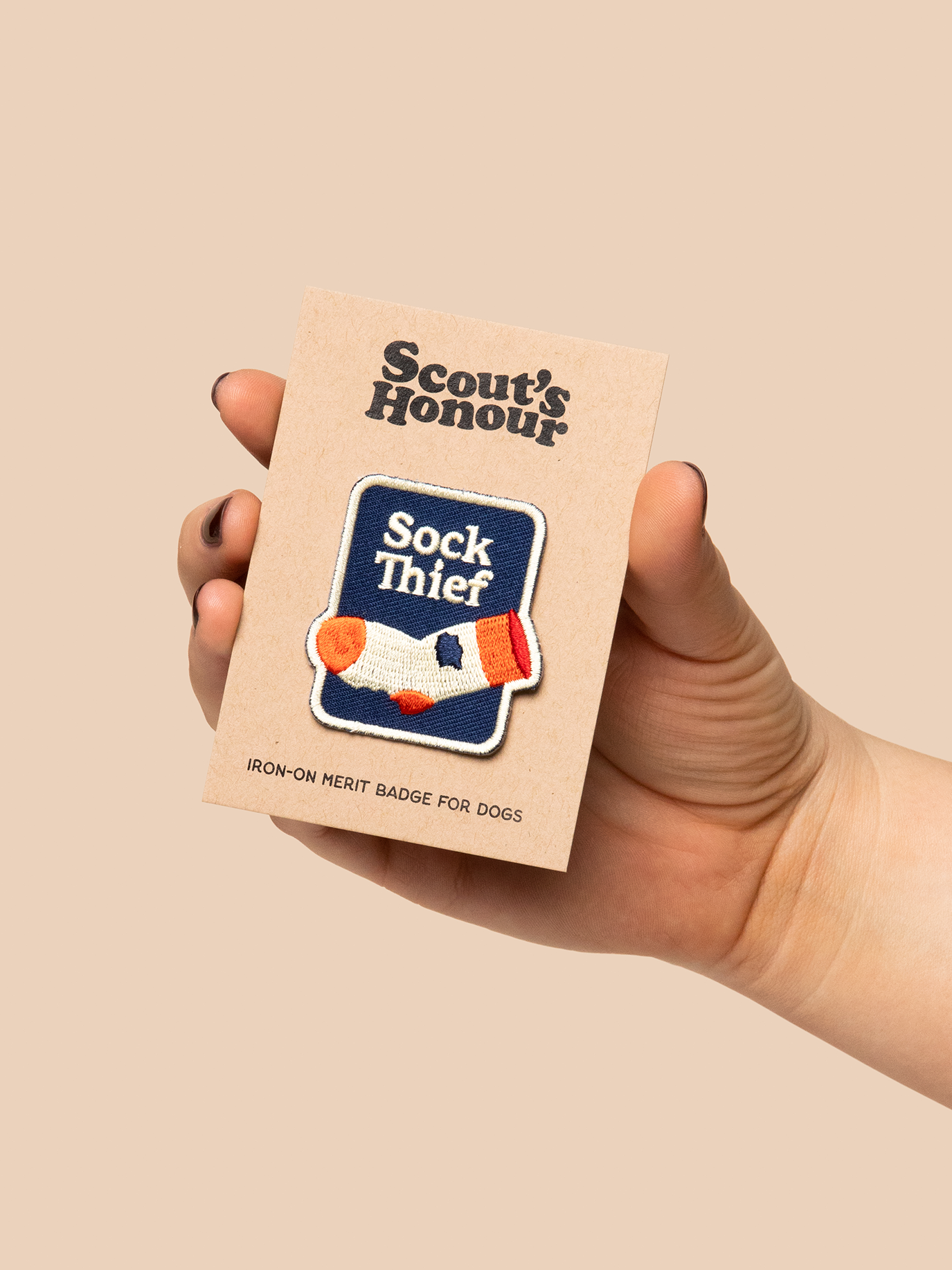 Sock Thief iron-on patch for dogs and cats