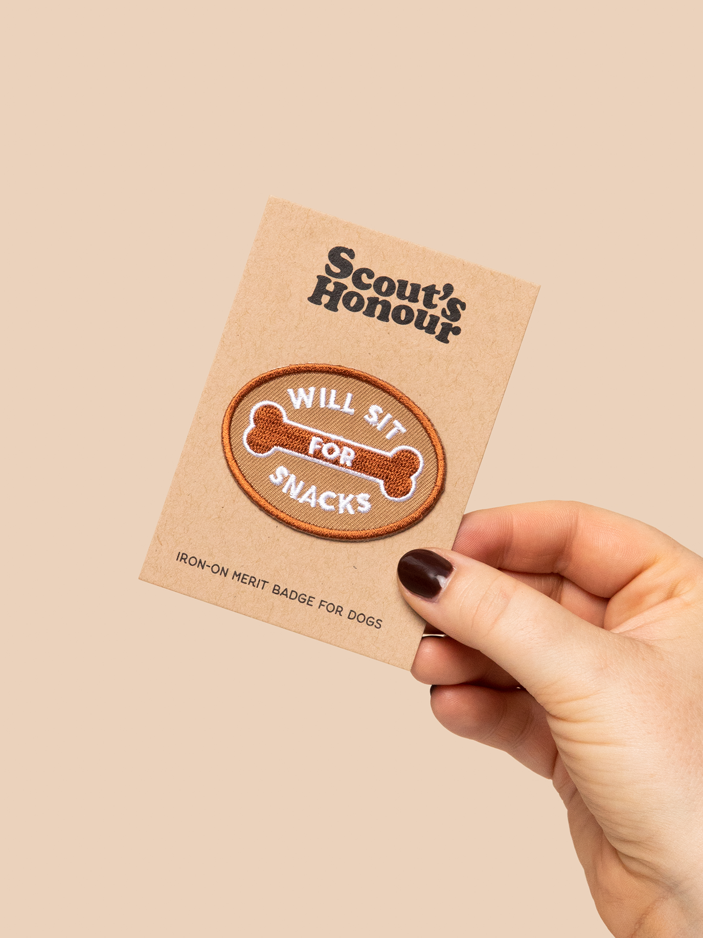 Will Sit For Snacks iron-on patch for dogs and cats