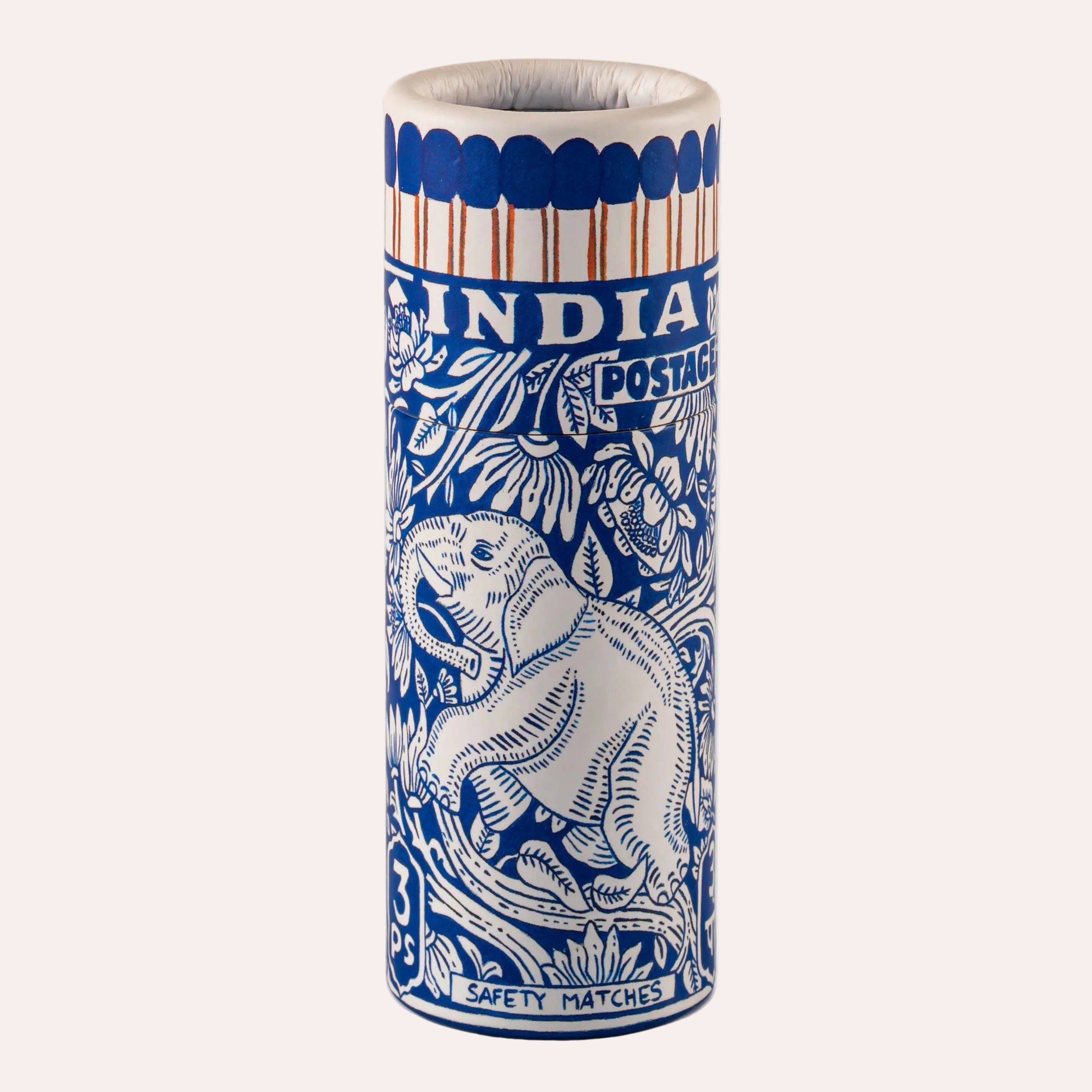 Archivist Gallery Elephant Stamp Small Cylinder Matches with vintage white elephant design on blue at Thinkers &amp; Makers Melbourne