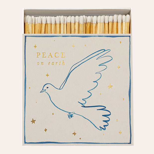 Archivist Gallery Peace Dove Matches with blue dove, gold foil stars and Peace on Earth lettering at Thinkers &amp; Makers Melbourne