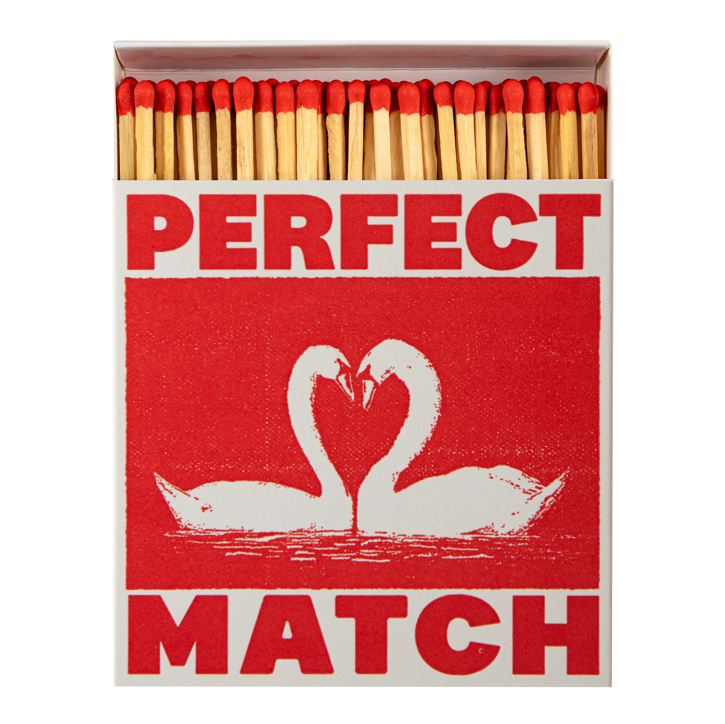 Archivist Gallery Perfect Match Matches with two swans forming a heart and red Perfect Match lettering at Thinkers &amp; Makers Melbourne