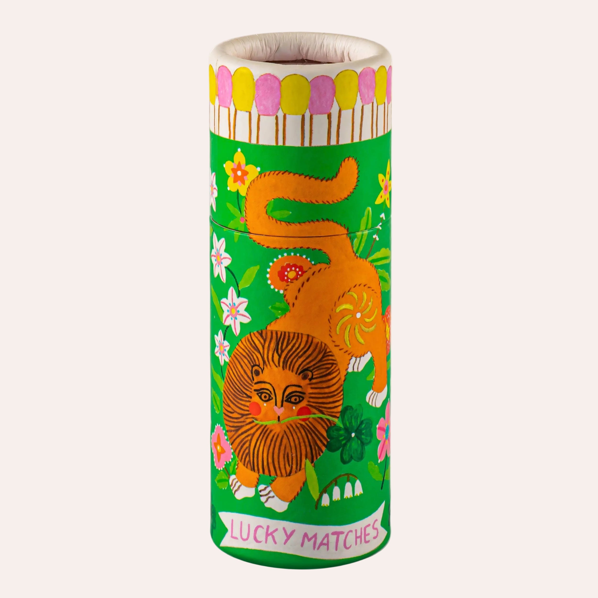 Archivist Gallery The Lion Small Cylinder Matches with orange animal and floral illustration on green at Thinkers &amp; Makers Melbourne