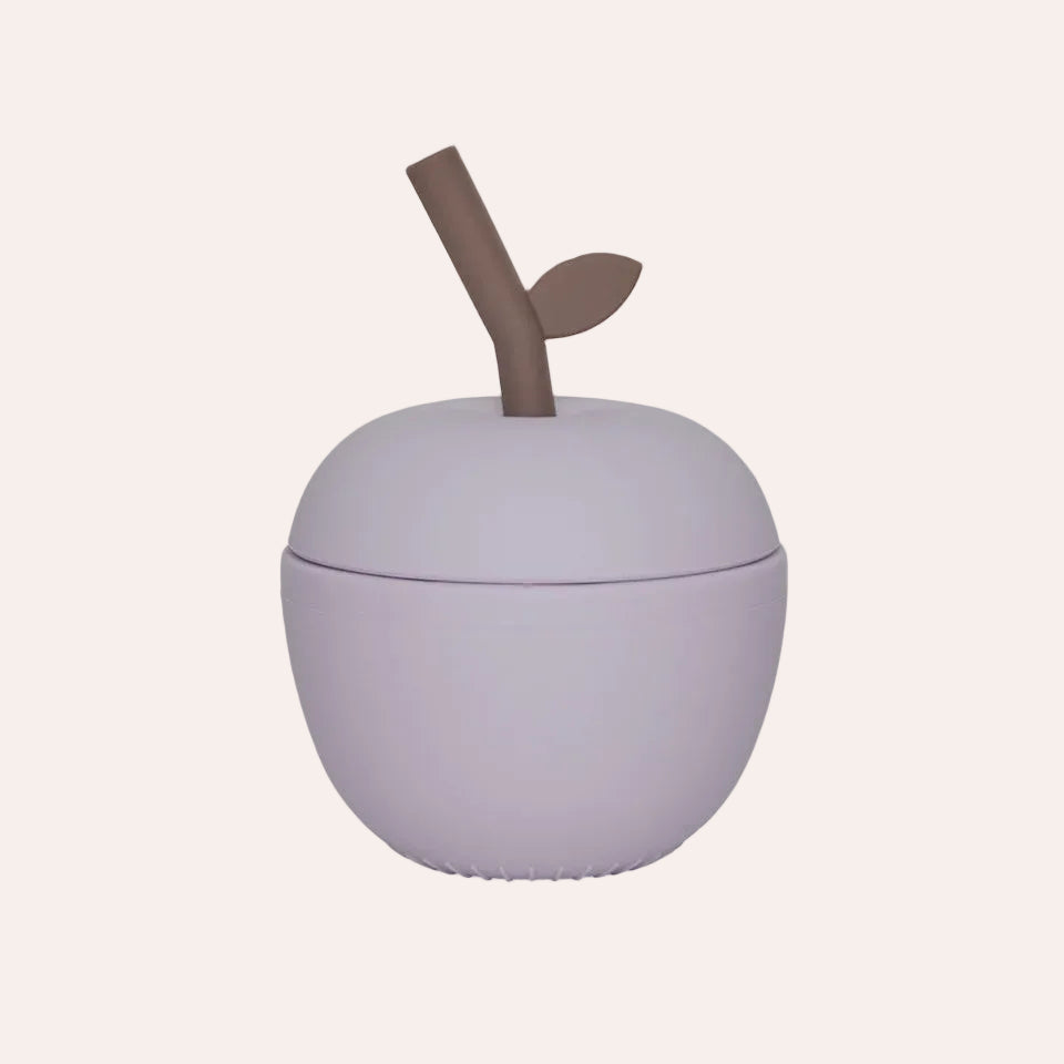 OYOY Mini Apple Cup in Lavender silicone with built-in straw lid