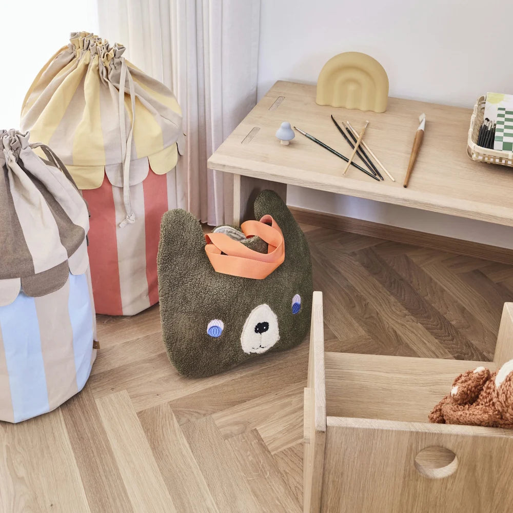 OYOY Mini Darling Bear Tote Bag in soft recycled fleece with embroidered bear face