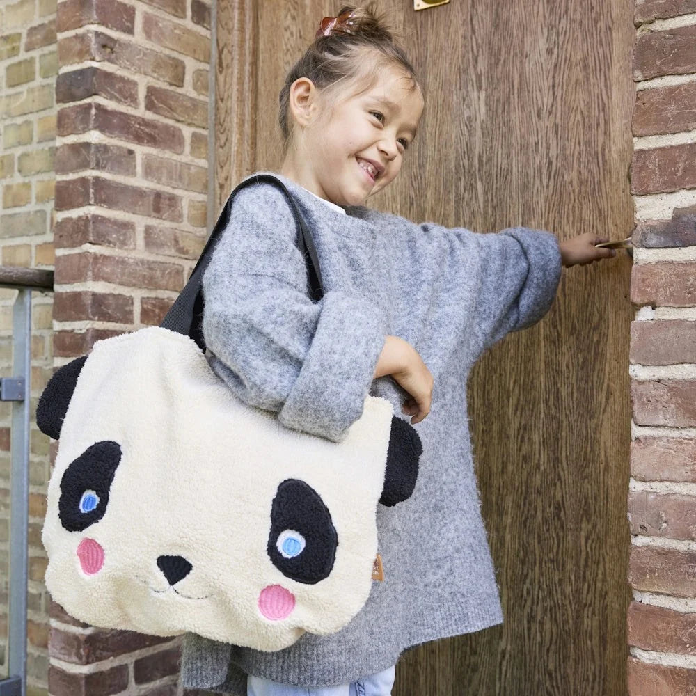 OYOY Mini Darling Panda Tote Bag in soft recycled fleece with embroidered panda face