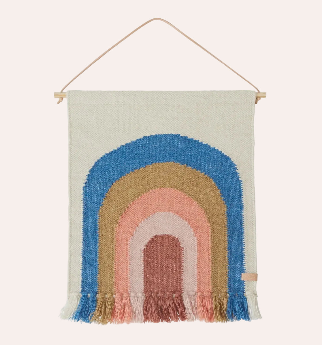 OYOY Mini Rainbow Wool Wall Hanging Mini Blue with colourful hand-woven rainbow and fringe
