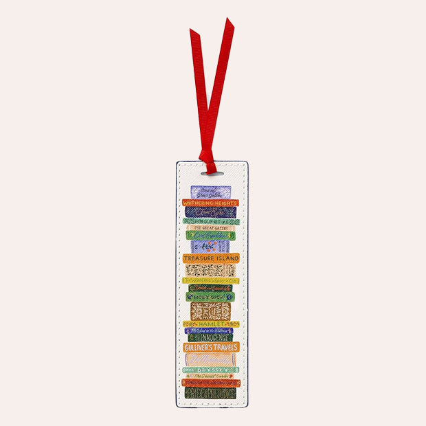 Rifle Paper Co Book Club Bookmark featuring an illustrated stack of classic books, gold foil logo and red grosgrain ribbon, stocked by Thinkers &amp; Makers in Melbourne, Australia.