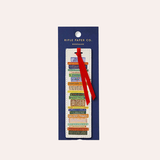 Rifle Paper Co Book Club Bookmark featuring an illustrated stack of classic books, gold foil logo and red grosgrain ribbon, stocked by Thinkers &amp; Makers in Melbourne, Australia.