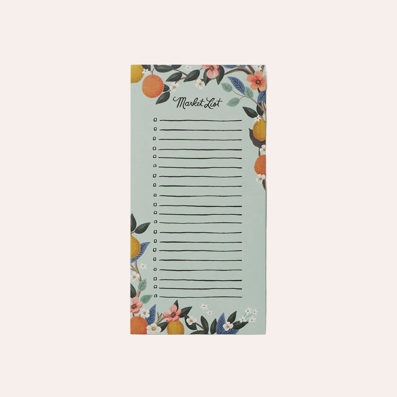 Rifle Paper Co Citrus Grove Shopping Pad with colourful illustrated citrus fruit and foliage, 65 tear-off sheets and an attachable fridge magnet.