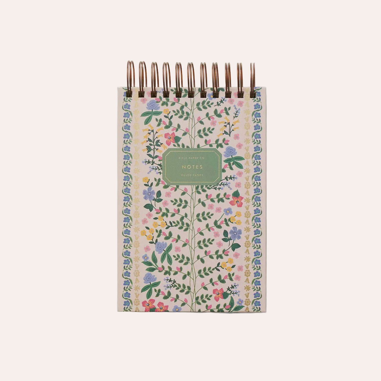 Rifle Paper Co Desktop Spiral Notepad with double spiral binding, illustrated page edges, gold foil accents and 200 ruled pages, stocked by Thinkers &amp; Makers in Melbourne, Australia.