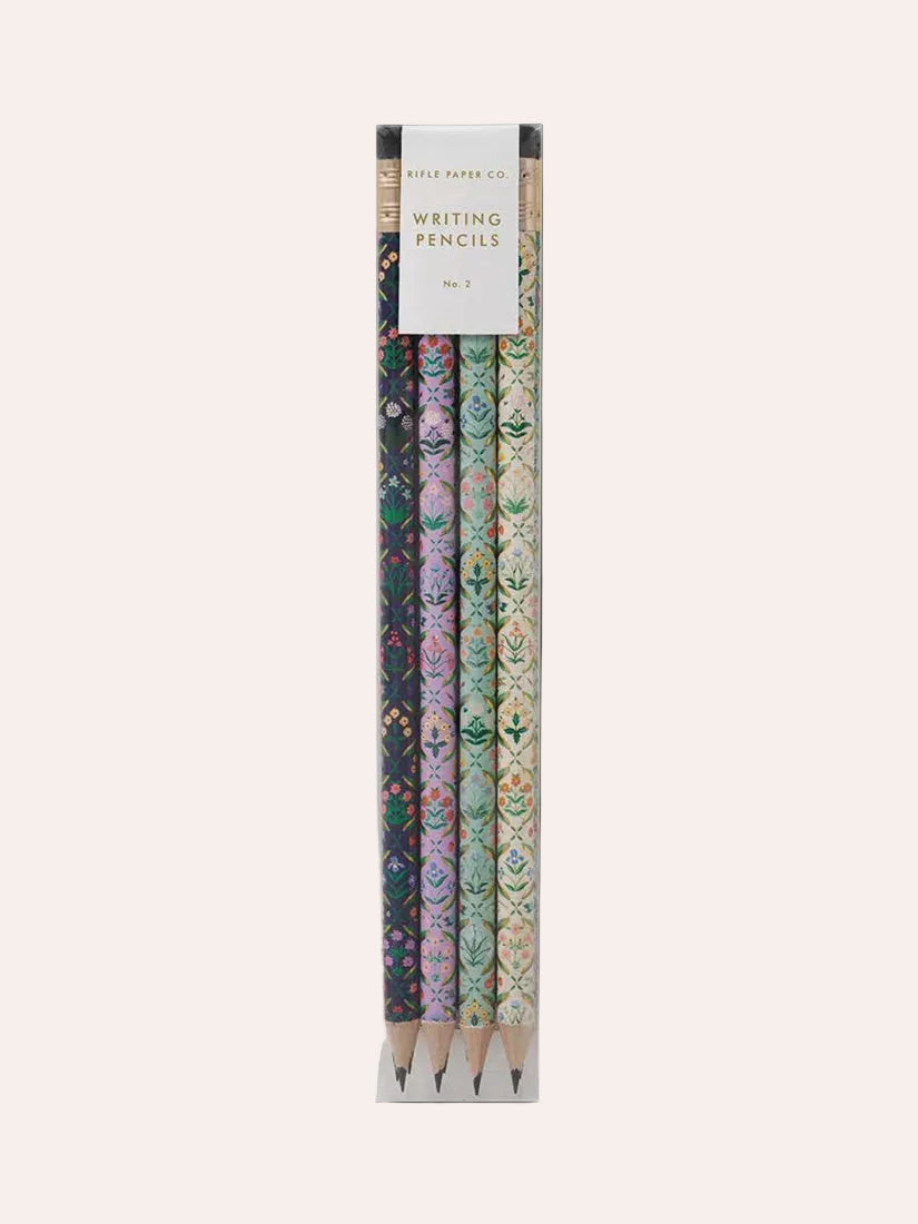 Rifle Paper Co Estee Pencil Gift Set with floral patterned pencils, gold foil details and coordinating erasers, stocked by Thinkers &amp; Makers in Melbourne, Australia.