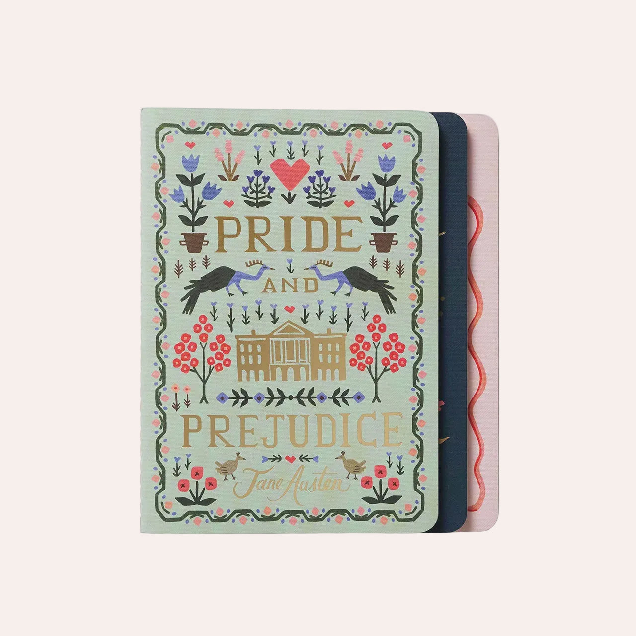Rifle Paper Co Jane Austen Stitched Notebook Set with three illustrated notebooks inspired by Pride and Prejudice, Sense and Sensibility and Emma, featuring gold foil details.