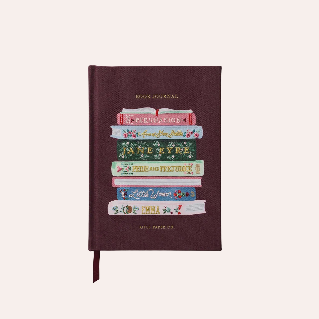 Rifle Paper Co Ladies Night Embroidered Fabric Book Journal with colourful embroidered literary book spines on a hard cover, designed for reading notes, reviews and book lists.