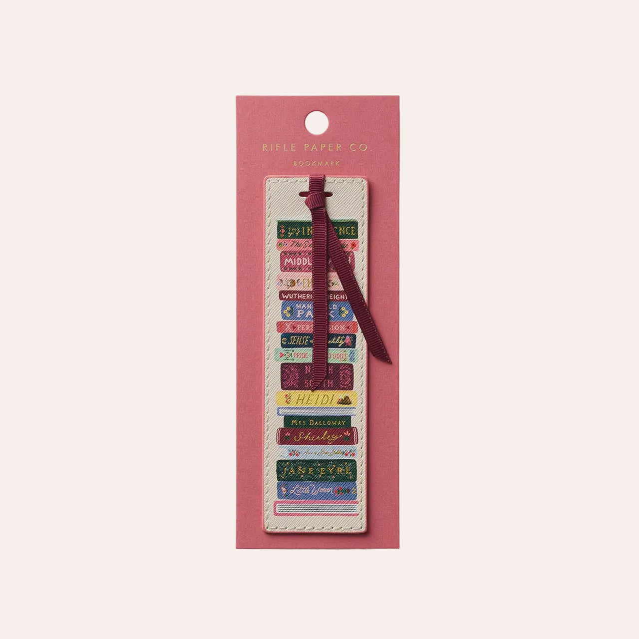 Rifle Paper Co Ladies Night Bookmark featuring illustrated book spines celebrating women writers including Jane Austen, Charlotte Brontë and Virginia Woolf, stocked by Thinkers &amp; Makers in Melbourne, Australia.