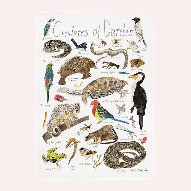 Claire Mosley - Linen Tea Towel - Creatures of Darebin – Thinkers & Makers